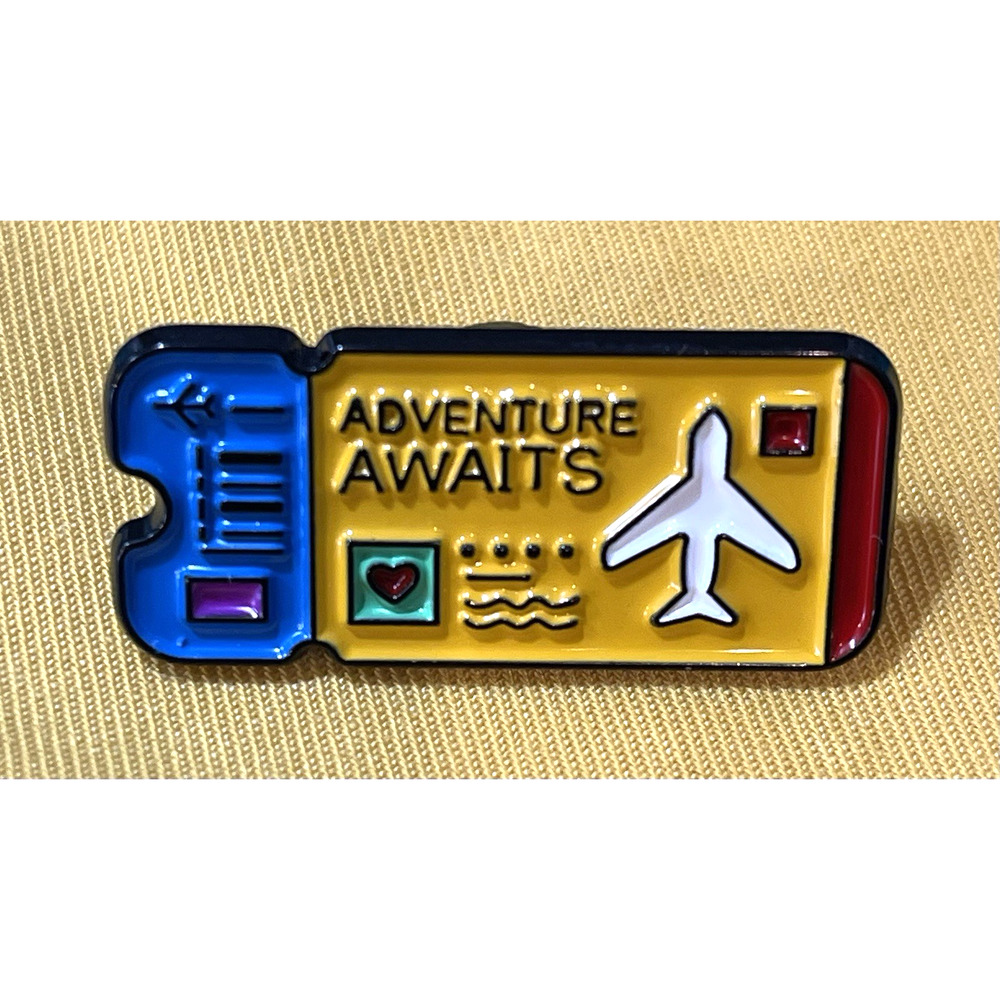 NWOT Adventure Awaits Ticket Lapel Pin Brooch Travel Vacation Airplane Transport